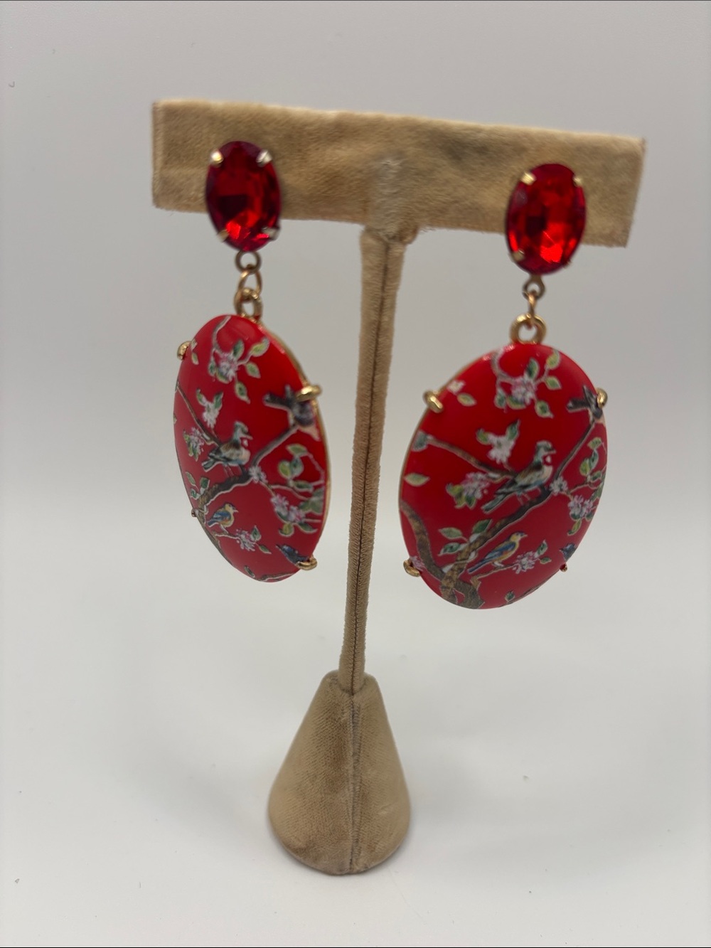 Red Bird & Floral Print Oval Statement Drop Earrings
